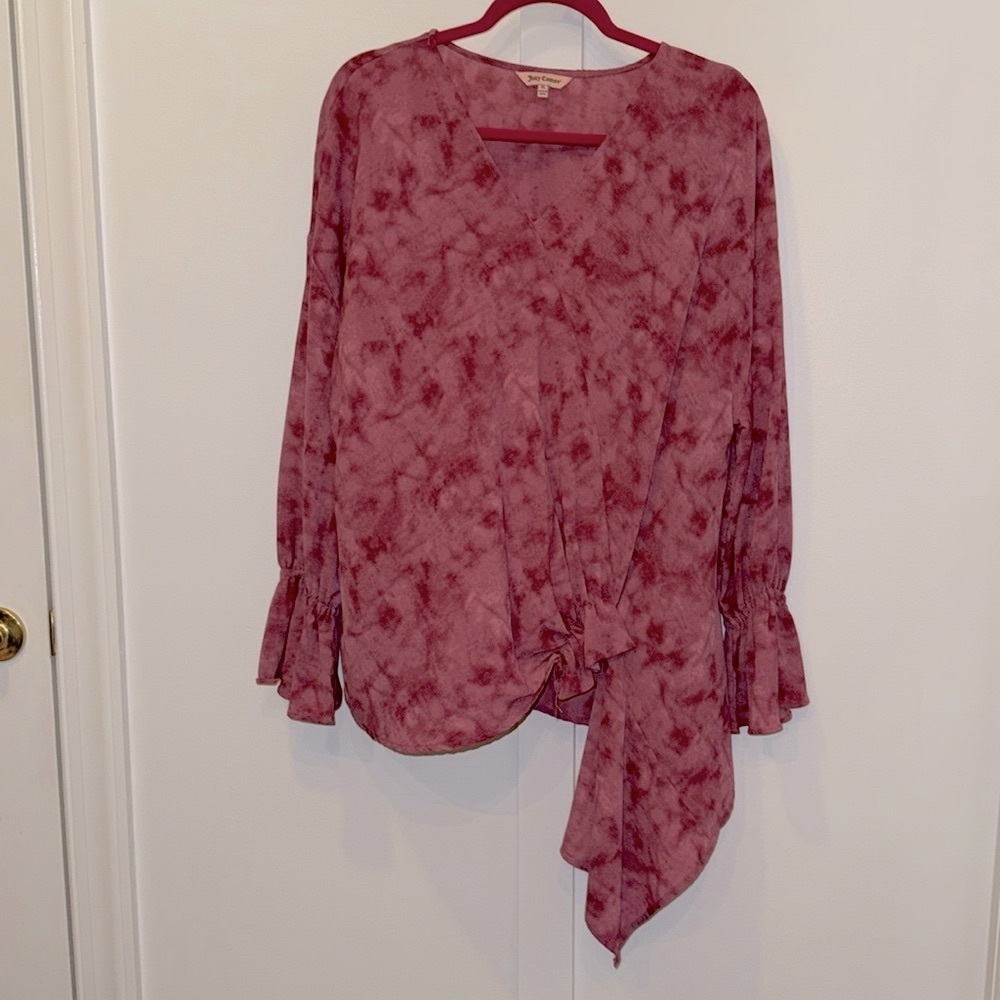 JUICY COUTURE Pink Tie Dye V Neck Knot Front Bell Sleeve Top xl Hippie